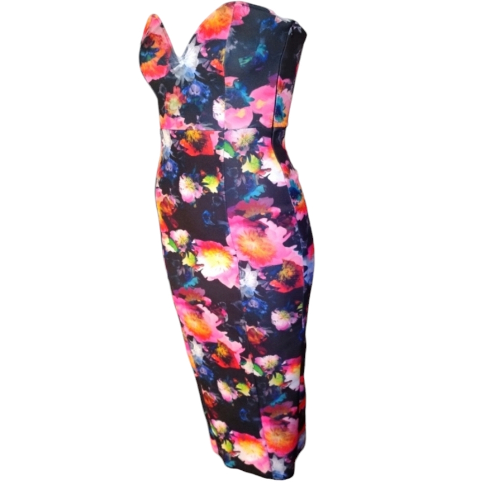 - 🌺Fun flowered strapless bodycon stretch dress with side zipper xs